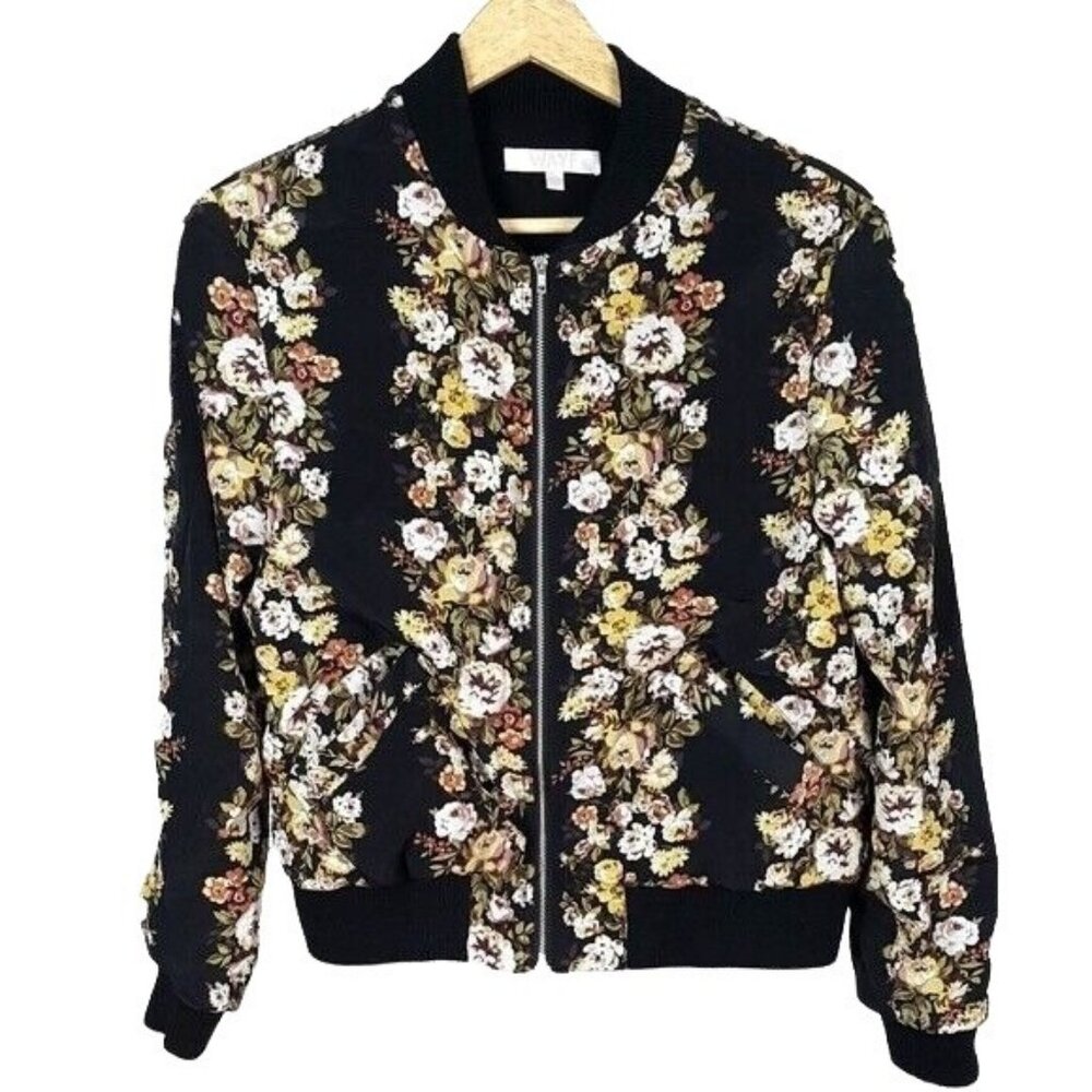 WAYF Womens Satin Bomber Jacket Black Size Small Full Zip Pockets Ribbed Floral
